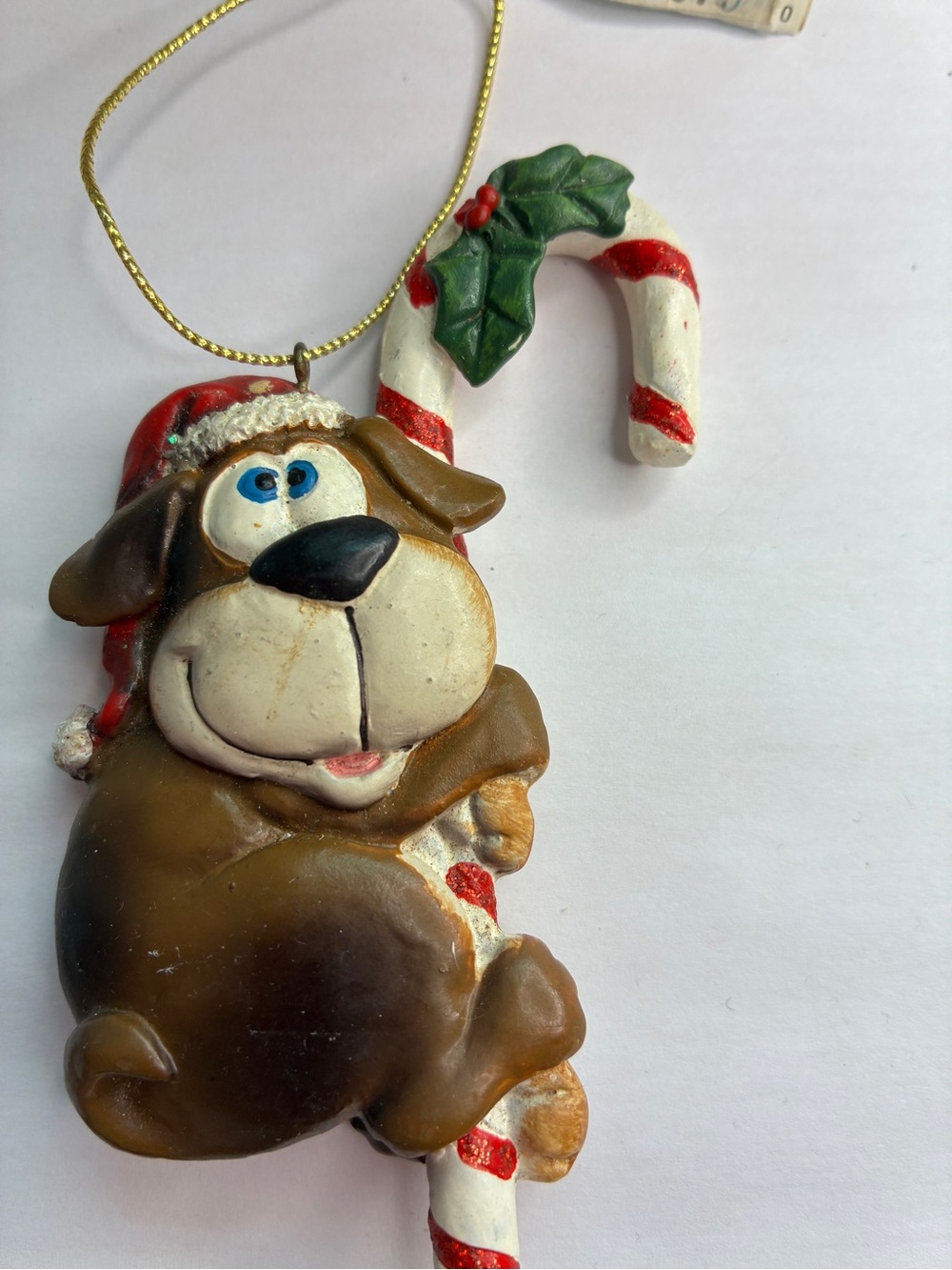 Festive Brown Dog Ornament with Red-White Candy Cane - Unbranded